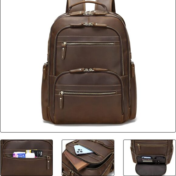 TAERTII Genuine Leather Backpack Vintage BROWN 17.3" Laptop Bag Large NWOT - Picture 6 of 9